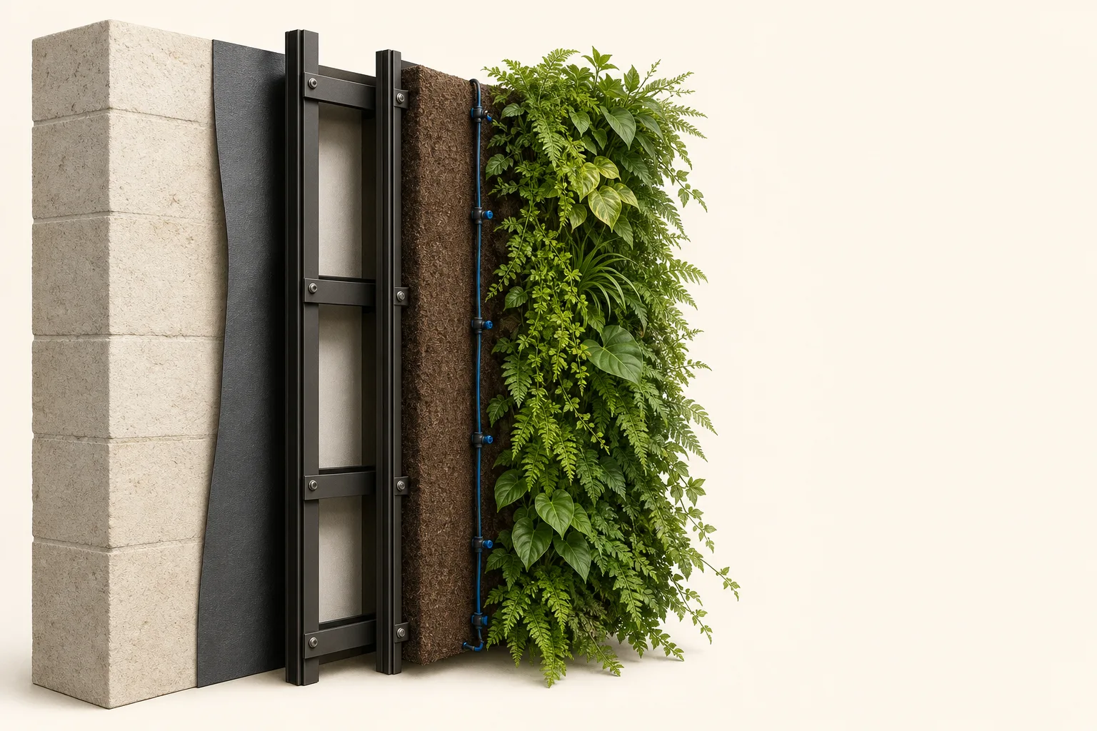 Sección visual de muro, estructura, panel de cultivo, riego y vegetación de un jardín vertical