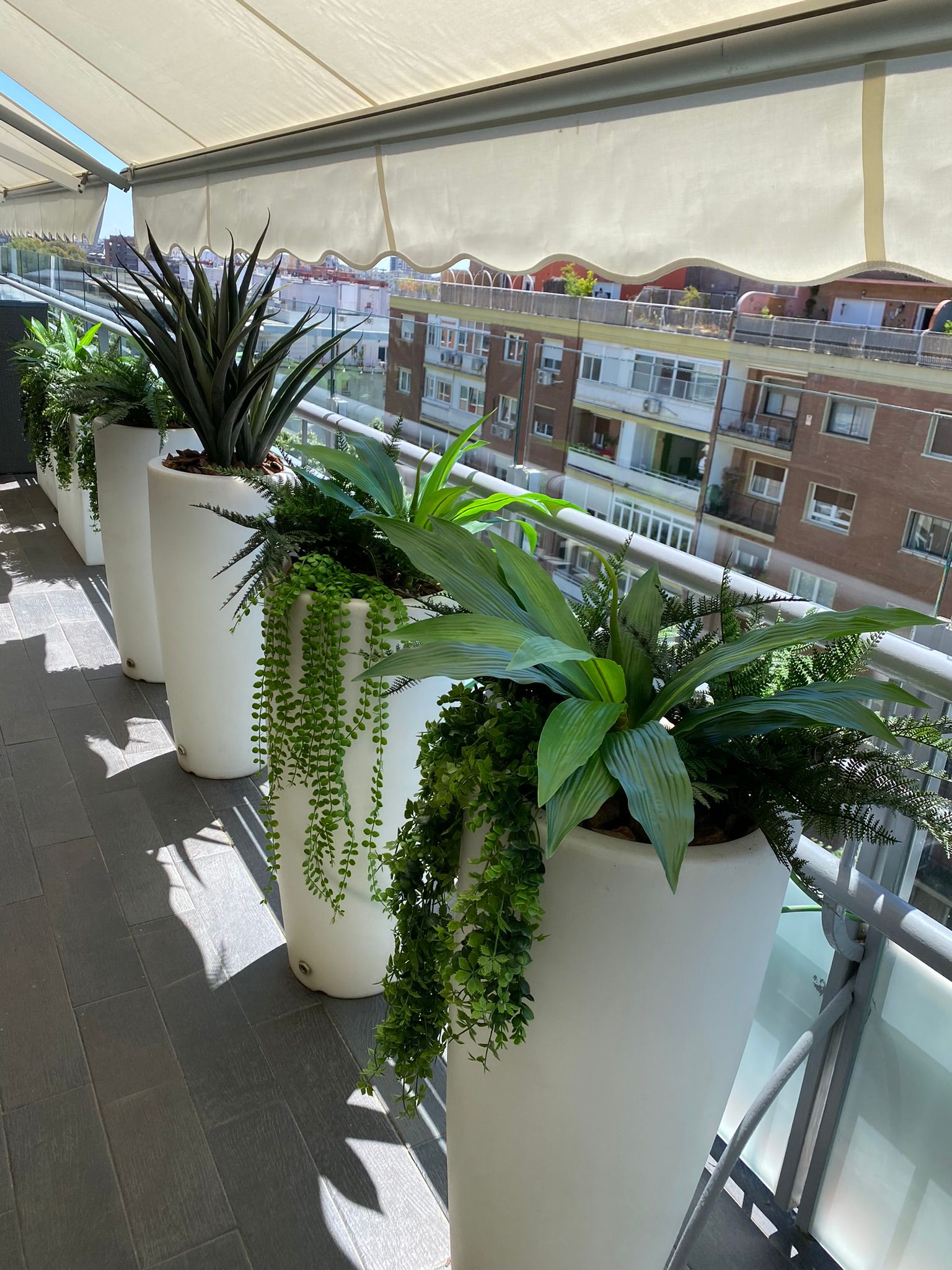 Jardineras blancas con vegetación en una terraza de uso profesional